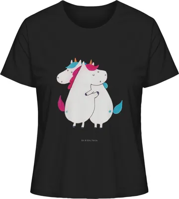 Produktbild von Mr. & Mrs. Panda Damen Basic T-Shirt Einhörner Umarmen Größe M - Schwarz - Geschenk, Shirt, Freundin, Oberteil, Jerseyshirt, Einhorn, Sister, Unicorn, Familie, Liebe