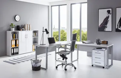 Produktbild von Büromöbel-Set TABOR PRO 2 in lichtgrau / weiß Hochglanz, Arbeitszimmer Komplett-Set