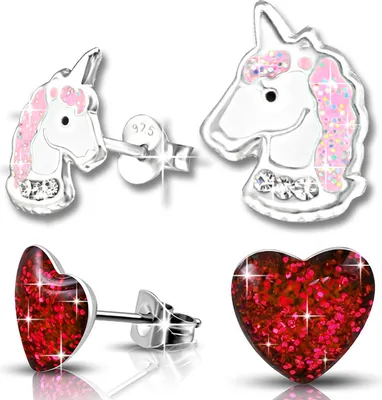 Produktbild von 2x Kinder Ohrringe Echt 925 Silber Pferde Einhorn Mädchen Ohrstecker Herz Edelstahl K207+K222