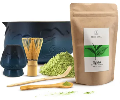 Produktbild von Mary Rose - Matcha Tee Set 100g - Pulver Grüner Tee - Keramik Blau Mountain Matchawan Schale 450ml, Kusenaoshi Besenhalter - Bambus Chasen Besen