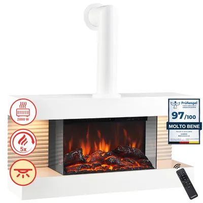 Immagine prodotto di KAMINIO Camino elettrico LIZ con tubo del camino- Caminetto da parete con riscaldamento, effetto fiamma 3D, luce ambiente a LED, telecomando - Bianco