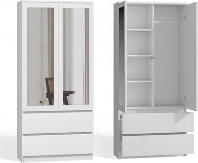 Imagen del producto de Armario con espejo, 90 cm de ancho, blanco, de 2 puertas, con 2 cajones, ideal para pasillos