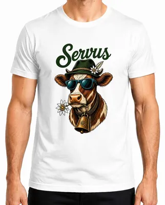 Productafbeelding van Servus Kuh, zonnebril, Edelweiss, traditioneel shirt van Beieren, leren broek voor heren, T-shirt, wit, maat S