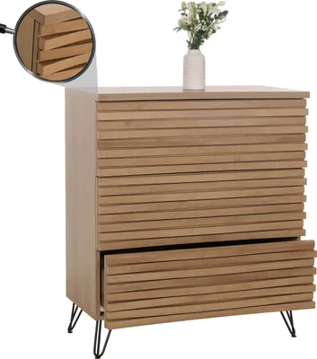 Obrázok produktu pre Komoda HWC-M49, Príborník Schrank Highboard, 3D-Design 3 Schubladen MDF Metall 94x80x45cm ~ natur