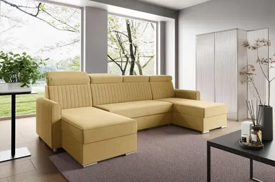 Zdjęcie produktu dla LIKMA Narożnik 274 cm Musztardowy Rozkładany NELI Kształt U z Funkcją Spania (254x125 cm) i Pojemnikiem na Pościel Sofa z Regulowanymi Zagłówkami