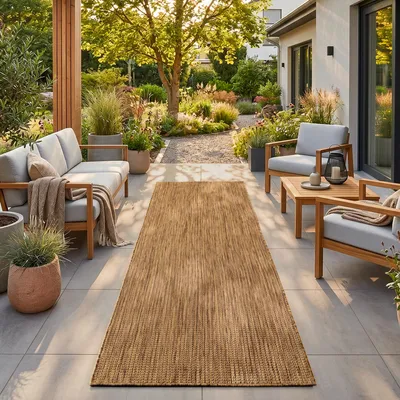 Produktbild von Homebyhome Outdoor Teppich Braun 80x250 cm Balkon Terrasse Garten Wetterfest UV-beständig Läufer Einfarbig Flachgewebe Pflegeleicht Robust
