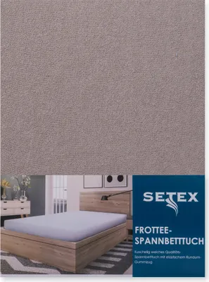 A product image showing a taupe fitted sheet on a bed, with packaging information on the right.