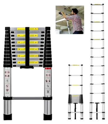 Produktbild von 3,8 m Aluminium Teleskopleiter, Verlängerungsleiter mit federbelastetem Verriegelungsmechanismus, rutschfeste Mehrzweck-Klappleiter, ausziehbare Leiter für Dachboden, Kletterdach und Bauarbeiten, 150 kg Tragfähigkeit