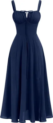 Obrázek produktu pro ASKSA Dámské letní y šaty bez rukávů se špagetovým popruhem Boho květinové dlouhé šaty s rozparkem (tmavě modré,XL)