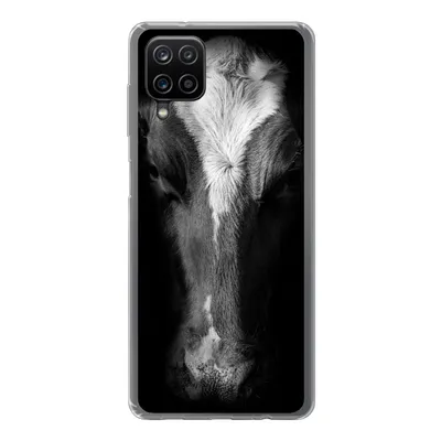 Produktbild von MuchoWow® Handyhülle Schutzhülle Hülle für Samsung Galaxy A12 Kuh Porträt auf schwarzem Hintergrund in schwarz und weiß Silikon Softcase Handy Hülle - Bild