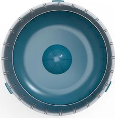 A top-down view of a blue and gray exercise wheel for small animals.