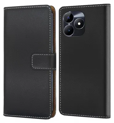 A black flip-style phone case is shown from two angles.