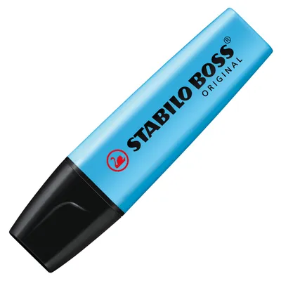 A blue Stabilo Boss Original highlighter is shown against a white background.