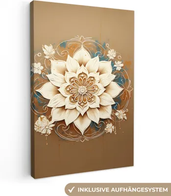 Produktbild von MuchoWow® - Leinwandbilder - Mandala - Blumen - Weiß - Braun, Wandbild, Wanddeko Bilder Wohnzimmer, 80x120cm