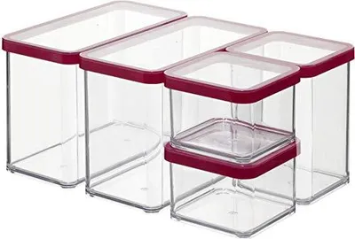 Productafbeelding van Rotho opbergboxen, set van 5 stuks met deksel, inhoud 0,5 tot 2,1 liter, transparant/rood