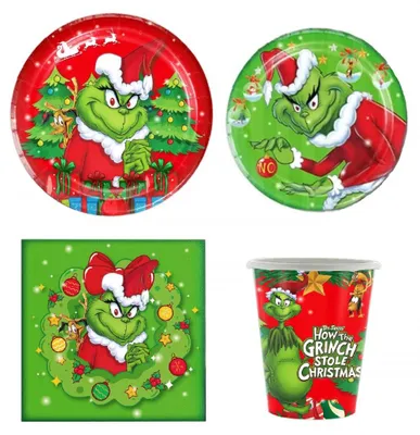 Produktbild von Einweg-Papiergeschirr Tellersets Becher Servietten Festlich Grinch