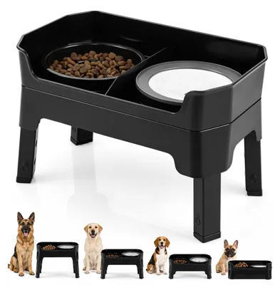 Imagen del producto de COSTWAY, comedero elevado para perros, 2 en 1 (agua y comida), plato antideslizante, altura ajustable con plato flotante, anillo antidesbordamiento, patas plegables