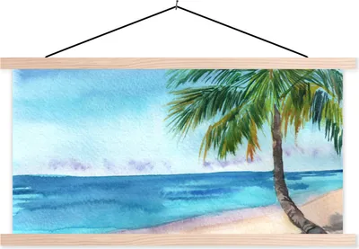 Produktbild von MuchoWow® Textilposter Palme - Meer - Strand 120x60 cm mit holzfarbenen Rahmen - Klemmleiste