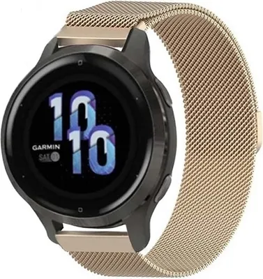 A close-up shot of a smartwatch with a champagne-colored Milanese loop band.