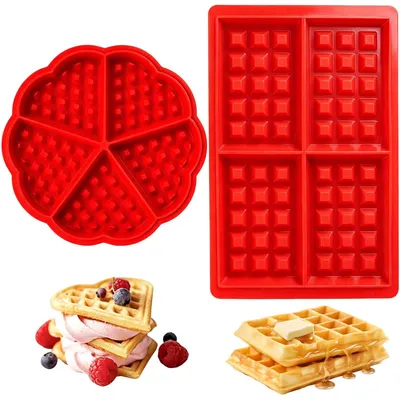 Produktbild von Silikon-Waffelform - 2-teiliges Set in Herz- und Rechteckform - Backform für Waffeln - Rot