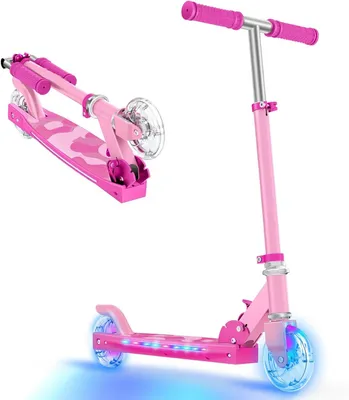 Produktbild von TONBUX Kinderroller für Kinder im Alter von 5 bis 12 Jahren, 2 Räder mit Leuchtreifen, Lenker und Trittbrett, 3 höhenverstellbare Griffe, Rosa
