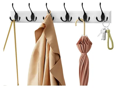 Produktbild von Garderobenleiste mit 6 Dreifachhaken, moderne Wandhaken aus Metall und MDF in Schwarz und Weiß