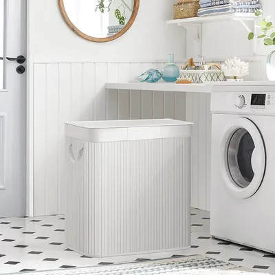 Image de SONGMICS Panier à linge, avec couvercle et poignées, en bambou, 3 compartiments, 150 L, blanc