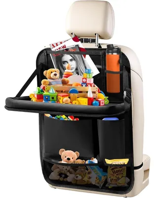 Image de Organisateur de siège arrière pour voiture avec table pliante, protection imperméable pour le dossier, compartiment pour tablette, support pour téléphone, plusieurs poches, dimensions : 41,5 x 59,4 cm
