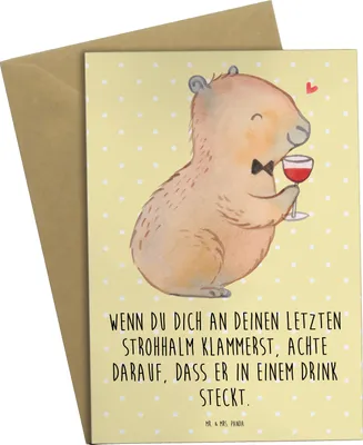 Produktbild von Mr. & Mrs. Panda Grußkarte Capybara Wein - Gelb Pastell - Geschenk, einladungskarten, Zeichnung, vatertagskarte, osterkarten, weihnachtskarten, für Weinkenner, Stilvolles
