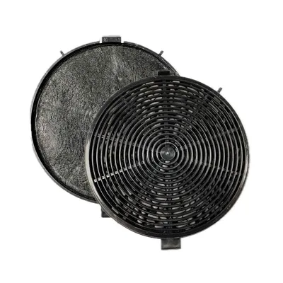 Two round charcoal filters for a range hood or air purifier.