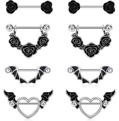 Image de Piercing pour mamelons, en acier chirurgical 14G (1,6 mm), longueur 16 mm, en acier inoxydable. Disponible en argent, noir, bleu, violet et rose. Peut également être  pour les piercings de la langue