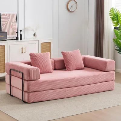 Produktbild von Bodensofa, Kompressionssofa, ausziehbares Bodenschlafsofa mit Kissenrückenstütze und Armlehnen, Cordstoff, für das Wohnzimmer (Rosa)