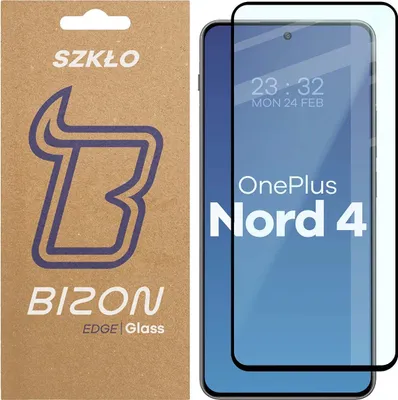 The image shows the packaging for a Bizon Edge Glass 2 Panzerglas screen protector for a OnePlus Nord 4, alongside the screen protector itself applied to a phone.