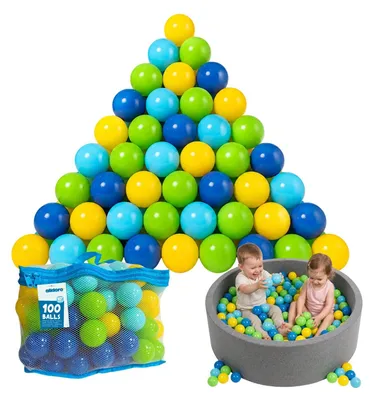 Produktbild von 100 bunte Spielbälle für Bällebad - 6 cm Durchmesser Kinderbälle mit Aufbewahrungsnetz - für Spielzelt & Planschbecken, KI-generiertes Bild