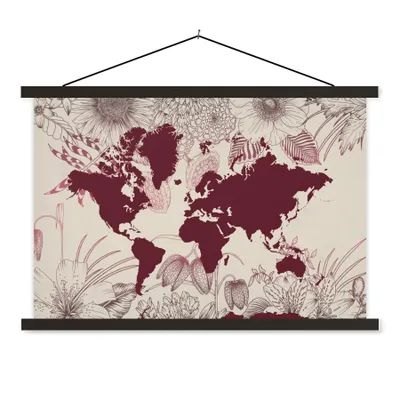 Produktbild von MuchoWow® Textilposter Weltkarte - Rot - Blumen 60x40 cm mit schwarzem Rahmen - Hölzernes