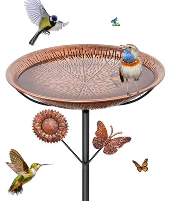Immagine prodotto di Abbeveratoio per uccelli, metallo, color marrone retro', decorato con farfalle, altezza 31,5 pollici, ciotola da 9,8 pollici