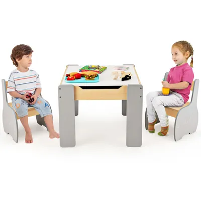 Produktbild von COSTWAY 3tlg. Kindersitzgruppe aus Holz, 4-in-1-Kindertisch mit 2 Stühlen & Abnehmbarer Tafel, Kindermöbel-Set mit Stauraum für Spielzimmer, Kindergarten, Weiß+Grau