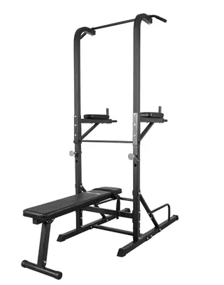 Produktbild von GORILLA SPORTS® Power Tower - mit Klappbar Hantelbank, Dip Station, Klimmzugstange, Liegestützgriff, 201x74x221cm, bis 150kg, Schwarz - Multifunktion Kraftturm, Kraftstation, Krafttrainingsgeräte