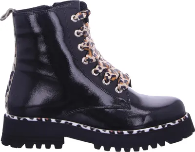 A black patent leather boot with leopard print accents.