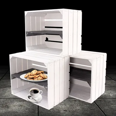 Produktbild von 3er Set neue weisse Holzkiste mit Regalboden in schwarz 50cm x 40cm x 30cm Regal Wandregal Obstkisten/Weinkisten Kiste Holzregal Apfelkiste weiß