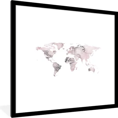 Produktbild von MuchoWow® MuchoWow® Gerahmtes Poster Weltkarte - Rosa - Grau 40x40 cm - Poster mit zchwarzem Bilderrahmen - Poster - Plakat im Rahmen