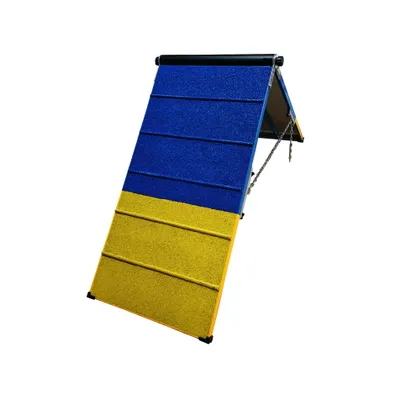 A dog agility ramp, colored blue and yellow, is shown against a white background.