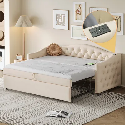Produktbild von MODFU Ausziehbares Schlafsofa 90x200cm/180x200cm mit USB-Anschlus, Polsterbett Daybett Kinderbett Jugendbett,Beige(Ohne Matratze)