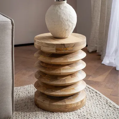 Produktbild von FineBuy Design Beistelltisch Ø 35 cm Sitzhocker handgefertigt Massivholz Mango Baumstumpf Couchtisch Blumentisch massiver Holz Hocker