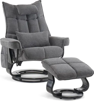 Produktbild von M MCombo Relaxsessel mit Hocker, Drehbare Fernsehsessel mit Liegefunktion, Moderner TV-Sessel Stuhl für Wohnzimmer, mit Kissen & Seitentasche, Stoff, 9076(Grau)