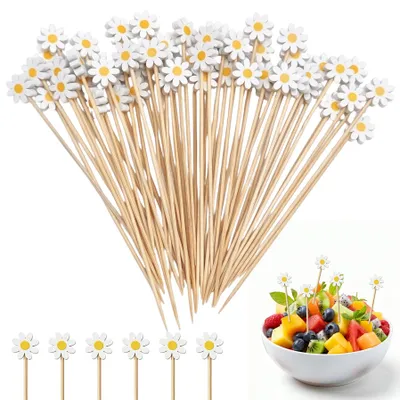 Productafbeelding van Cocktailspiesjes - Met bloemenmotief - Voor hapjes - 100 stuks, 12 cm, bamboe
