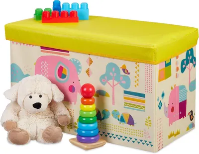 Immagine prodotto di Contenitore per giocattoli - Panca pieghevole - 50 litri - Poggiapiedi con spazio contenitore - Motivo animalier - Adatto a bambini e bambine - Giallo
