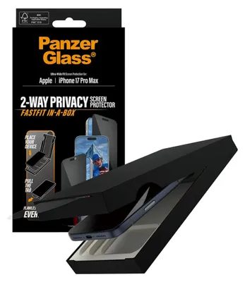 Produktbild von PanzerGlass ® 2-Way Privacy Displayschutz iPhone 17 Pro Max | Ultra-Wide Fit m. Fastfit in-a-box, Apple, Apple - iPhone 17 Pro Max, Trockene Anwendung, Kratzresistent, Schockresistent, Transparent, 1 Stück(e)