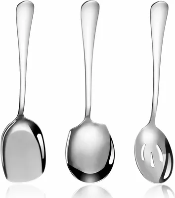 Productafbeelding van Drie grote serveerlepels, metalen roestvrijstalen serveerlepels, set van lepels met lange steel, buffetbestek met schep, rond gevormd, glanzend serveerbestek voor banketten, 22 cm / 8,7 inch