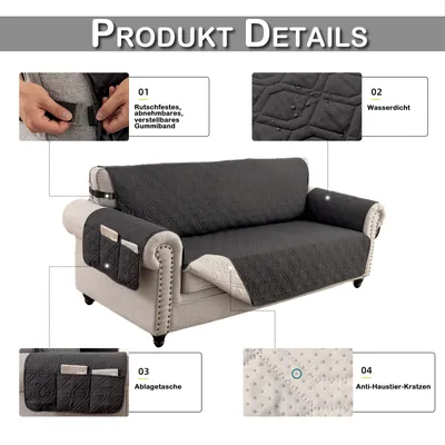 Produktbild von Sofa Bezug Wasserdicht 1/2/3-Sitzer Rutschfest Seitentaschen Band Silikonpunkt, Sofa Überzug Kratzfest,Sofaschoner Geometrisch (Schwarz,1-Sitzer)